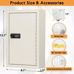 KYODOLED Key Cabinet, Locking Key Storage Box with Code, Wall Mount Combination Lock, 40 Key Hooks & Tags, White, 12.1" x 8.1" x 2.5" image 2