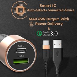 Duracell 65W Fast Car Charger Adapter with Dual Output. Quick Charge, Type C PD 45W & Qualcomm Certified 3.0 20W, Compatible for iPhone, All Smartphones, Tablets & More (Copper & Black) image 4