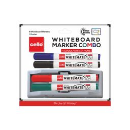 Cello Whitemate Whiteboard Markers | Set Of 4 Markers And 1 Duster | 4 Assorted Ink Colours | Bold Point Marker Pens With Easily Refillable And Erasable Ink | Writes Longer. image 1