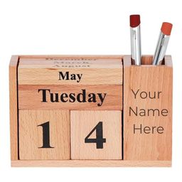 crownlit Personalized Wooden Desk Calendar with Pen Holder, Personalised Name Block, Month Day Date Display, Natural Wood image 1
