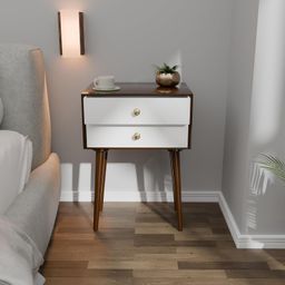 ETIQUETTE ART Modern Bedside Table with Solid Wood Legs, Minimalist and Practical End Side Table with Drawer Storage, Easy Assembly (Black White) (Brown White) image 2