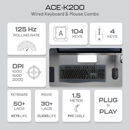 Archer Tech Lab ACE-K200 Wired Keyboard and Mouse Combo 104 Keys, 1200 DPI Mouse, 125Hz Polling Rate,3-Button Design, 3 Million Lifespan, Windows Compatibility, Multimedia Keys & Membrane Switches image 2