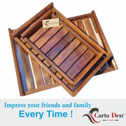 CARTADEN Wooden Serving Trays Modern Style With Cutout Handle Large, Medium And Small For Food, Wooden Trays For Breakfast - Natural Wood And Brown (Set of 3) Rectangular image 3