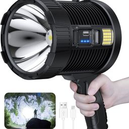 Jukkre Rechargeable Spotlight,900000 Lumens Handheld Hunting Flashlight Led Flashlight and Solar Panels,3 Modes 3 Colors Waterproof,Lightweight Bright Searchlight for Hunting,Camping, Boating image 1
