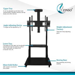ZINSO Interactive Flat Panel Display Stand | Flat Curved TVs, Height Adjustable Portable TV Cart Trolley with Bracket Mount and Castors | Colour-Black | Load Capacity Upto 100 kg (32-65 inch) image 3