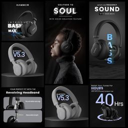 HAMMER Bash Max Over The Ear Wireless Bluetooth Headphones with Mic, Touch Control, Deep Bass, Upto 40 Hours Playtime, Bluetooth 5.3, Workout/Travel (Apricot) image 2