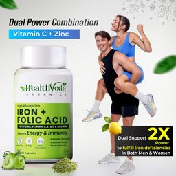 HEALTH VEDA ORGANICS PRIVATE LIMITED Chelated Iron Folic Acid Supplement With Zinc, Vitamin C & B12, Zinc & Spinach Leaves | Hemoglobin, Boost Immunity & Maintains Iron Level | 60 Vegan Capsules image 3