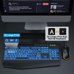 SABLUTE Wired Keyboard and Mouse, Large Print Backlit Keyboard with Wrist Rest and 7-Color Backlit, Lighted Computer Keyboards Easy to See, Light Up USB Keyboard Mouse Combo for PC, Windows, Laptop image 2