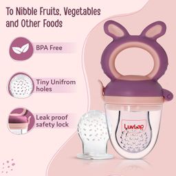 LuvLap Silicone Food/Fruit Nibbler with Extra Mesh, Soft Pacifier/Feeder, Teether for Baby, Infant, Bunny Violet & Pink image 2
