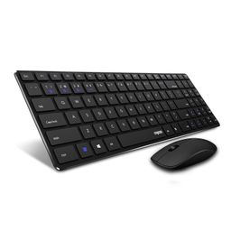 Rapoo 9300m Multi-Device Bluetooth + 2.4Ghz Wireless Keyboard & Mouse Combo Ultra Slim Design, Spill-Resistant, Anodized Aluminum Body Compatible with Windows/PC/Chromebook, 3 Years Warranty - Black image 1