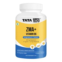 TATA 1MG ZMA+ Vitamin B6 Tablets| 100% RDA of Magnesium & Vitamin B6 | High Absorption Zinc Citrate for Muscle Recovery, Sleep & Strength | Reduces Cramps & Fatigue | 60 Tablet image 1