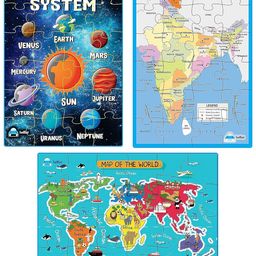 FunBlast 3 in 1 Multicolor Jigsaw Puzzle - Solar System, Map of India & World Map, 72 Pcs - Ages 3-6 image 1
