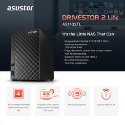 Asustor Drivestor 2 Lite AS1102TL, 2 Bay NAS Storage, 1.7GHz Quad Core, 1GbE Port, 1GB RAM DDR4, Network Attached Storage Device for Home Personal Cloud Storage (Diskless) image 4