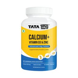 TATA 1mg Veg Calcium & Vitamin D3 supplement with Zinc, Magnesium & Alfalfa | High absorption Calcium Citrate Malate form | 500mg Calcium & 400IU Vitamin D3 | For strong bones & joints | 60 veg tablets image 1