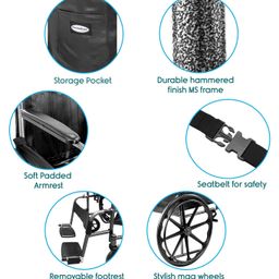 KosmoCare Dura Rexine Wheelchair | Self-Propelled & Attendant Use | Hammered Finish MS Frame | 24" Mag Wheels | Removable Footrests | Foldable Design | Comfortable Rexine Seat | Supports Up to 100 kg image 2