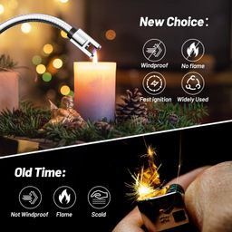 AJIJING Electric Lighter, Candle Lighter with Safty Lock, USB Type-C Port, Windproof Flameless Arc Lighter, Rechargeable Lighter with Led Battery Display (Silver) image 2
