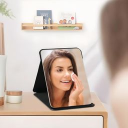 onicorn Table Desk Vanity Makeup Mirror, Portable Folding Mirror with Stand Adjustable Rotation Tavel Make Up Mirror, Bathroom for Shower Shaving (Round Edge Black 1 PCS) image 2