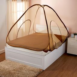 Amazon Brand - Solimo Mosquito Net for Double Bed | Premium King Size Foldable Machardani | Polyester 38 GSM Heavy Net with Base Cloth | Plastic Coated Corrosion Resistant Wire - Golden image 1