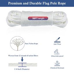 NQ Flag Pole Rope Kit- 50 Ft x 1/4" Diameter Nylon Flag Pole Halyard Rope with 4 Pieces Swivel Snap Hooks-Flagpole Line Rope with Swivel Eye Bolt Clips image 3