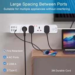 ant plus Electric 422 Power Strips with 4 Universal Socket and 4 USB-A & 2Type-C, 3-Meter Cord, 2500-Watt,Fireproof, Heavy Duty Cable Overload Protection, Extension for Home/Office Appliances–White image 5