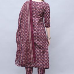 rajnandini Women's Cotton Blend Jaipuri Printed Kurta with Pant & Dupatta(Joplst218N-P_Wine & Beige) image 2