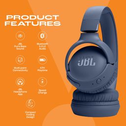 JBL Tune 520BT Wireless Headphones with Mic, Upto 57H Battery, Speed Charge : 5 min Charge Gives up to 3H of Playback, Multipoint Connect, Customizable Bass with Headphones App, BT 5.3 (Blue) image 2