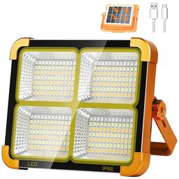 LED Work Solar Light - Portable Flood Light with Solar Powered & USB Battery Rechargeable 5 Modes Portable Camping Lamp - Ideal for Hurricane, Garage, Fishing, Emergency image 1