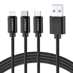 Ambrane Unbreakable 3 in 1 USB Fast Charging USB Cable with Type C, Lightning, Micro USB Port with 2.1 A, Compatible with iPhone, iPad, Samsung, OnePlus, Mi, Oppo, Vivo, Xiaomi, 1.25M (Trio-11, Black) image 1