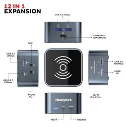 Honeywell New Launch 12-in-1 Type C Dock with 4K HDMI, MagSafe Wireless 15W, Ethernet Port, 4xUSB Ports, 2xType C PD 100W, Mic & Audio Port, SD & MicroSD Slot, All Type C Devices - Windows/MacBook image 2