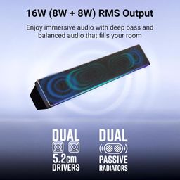 ZEBRONICS VITA 102, Wireless Bluetooth Soundbar, 16 Watts, Upto 16 Hours Playback, Powerful Dual Drivers, Dual Passive Radiators, Call Function, RGB LED, TWS | BTv5.3 | USB | AUX | mSD image 2