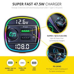 CRUST CS45 Car Bluetooth Device for Music System, FM Transmitter with Call Receiver; (PD 20W + QC3.0) Fast Charger; Real Time Car Battery Voltage Monitor; 7 Colour LED Lights; USB MP3 Audio Playback image 3