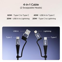 boAt FlexiCharge 400 Charging Cable w/ 4-in-1 Connectivity- USB-A, Type-C, & Lightning Ports, 60W/3A PD Fast Charging,480Mbps Data Sync,2 Swappable Heads,Silicon Cable Tie(Carbon Black) image 4