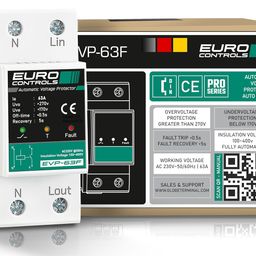 Euro Controls Automatic voltage protector EVP63F with Auto Recovery - Din Rail Mount - Single Phase - 63Amps 220V - Preset Over Voltage > 270v Under Voltage < 170v Ac image 1