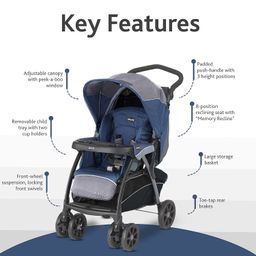 Chicco Cortina CX Stroller Pram with Adjustable Handle| 0-5 years|Craddle Effect Seat|One Hand fold & Self Standing|Linked Brakes & Shock-proof Wheels|Adjustable Canopy & Storage Basket (Baltic Blue) image 2
