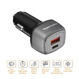 Amazon Basics Car Charger with 38W Charging| Dual Port -Type C and USB Output | Type-C USB Cable Included, Black image 2