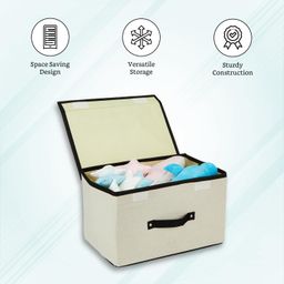 Amazon Brand - Solimo Large Storage Box with Lid | Foldable Storage Bin | Wardrobe Organizer for Clothes | Front Handle & Sturdy | 38 x 25 x 25 cm (Cream) image 2