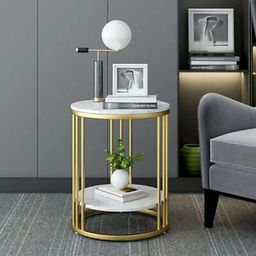 etiquette art Wood End Table with Storage Shelf for Home & Living Room Side & Corner Table Sofa End Table (Gold & White) image 4