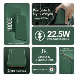 Hammer Ultra Charge 10000mAh 22.5W Power Bank 20W PD Fast Charging, 3 Output, 2 Input Ports Type-C/PD, Micro USB and Multiple Layers of Protection (Green) image 2