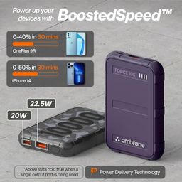 Ambrane 10000mAh Power Bank, Rugged & Slim, 22.5W Fast Charging, Compact & Travel-Friendly, USB & Type-C Output, PD & QC, Compatible with iPhone, Samsung, Oneplus & All Android (Force 10K, Purple) image 3