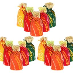 kuber industries Multiuses Bandhej Print Potli Bag for women with Drawstring Set of 15 (Assorted) image 1