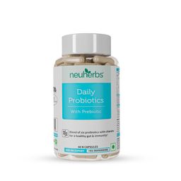 Neuherbs Acidophilus Daily Probiotics with Prebiotic, Blend of six healthy Probiotics (20 Billion CFU) with added Vitamin C, E & Selenium | For Immunity & Gut Health, Capsules 60 Count for Women & Men image 1