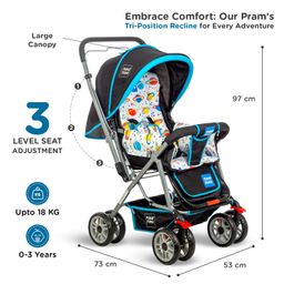 Mee Mee Little Explorer Advance Baby Stroller/Pram for 0 to 3 Years, New Born/Kids, 5 Point Safety Harness, Adjustable backrest, 360 Wheel, Large Storage Basket, Reversible Handlebar Net (DX Blue) image 4