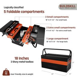 Buildskill 18" Metal tool box for home | 5-Cabinet tools box kit | Rust resistant | Sturdy | Round handle | Secure lock | Garage tool box empty | DIY | Repair toolbox | Ideal for home use image 2