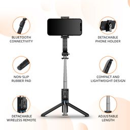 Amazon Basics Selfie Stick with Detachable Phone Clip | 107 cm Extendable | Remote Control | Compatible with Mirrorless/Action Camera, Ring Light, Gopro | Ideal for Selfies, Vlogging, Black image 4