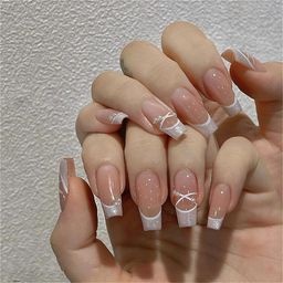 Gloss & Go 24 Reusable Artificial Fake Nail Set| Long Peach White And Silver With Diamond Cross Design| Lightweight & Long Lasting| Easy To Use| Quick Fix For Festivals & Special Occasions image 1