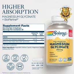 SOLARAY Magnesium Glycinate With Bioperine, Healthy Relaxation, Muscle Function & Bone Support (120 Count) - Capsule image 2