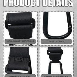 Universal 4-Pack Leather Pram Hooks with Metal Carabiner, Adjustable Quick Release Design for Strollers & Bikes - Stylish & Durable Storage Solution, Durable and Versatile Bag Hook image 3