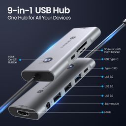 Portronics Mport One USB C Hub (9-in-1) with 4K 60Hz HDMI, 3-Port USB, HDMI On-Off Button, 100W Type-C Charging, Card Reader, 3.5mm AUX, Type C Plug for Laptop, Mac, PC (Grey) image 2