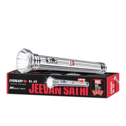Eveready Jeevansathi DL65 | 3W Torch with Retro & Classic Touch | Powered by 4xD Battery | Super Bright White LED | 20000 Lux Output | 3.5 km Radius | Flasher Function | Durable Brass Body | Silver image 1