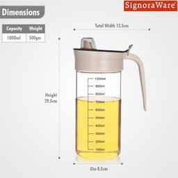 SignoraWare 1000ml Borosilicate Glass Oil Dispenser and Pourer with Measurement, Transparent Jug With Handle and Lid, Leakproof, Spill Proof, BiG Mouth To Easy Refill and store (1 litre, Set 1) image 2